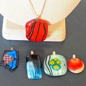Five Fused Art Glass Pendants and a 925 Italy Bead Ball Chain